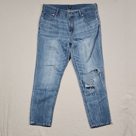 Gap Best Girlfriend Distressed Blue Cotton / Linen Blend Jeans Size 31‎ - Picture 1 of 14